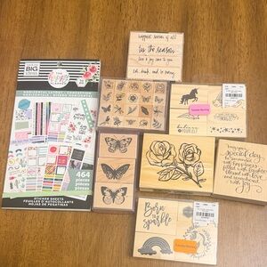 Mixed Craft Rubber Stamp Set with Sticker Sheets - Black Ink Designs